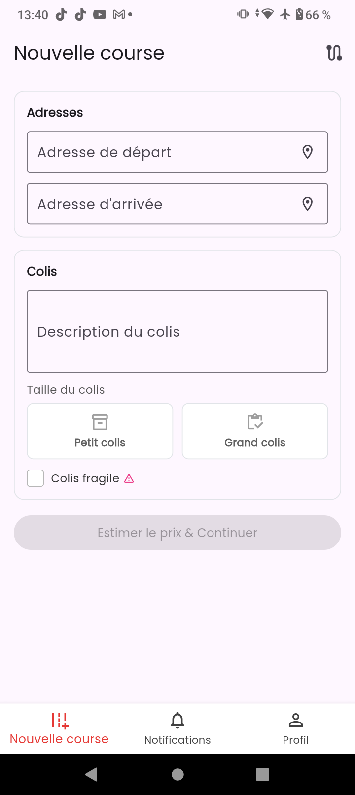 Écran création course